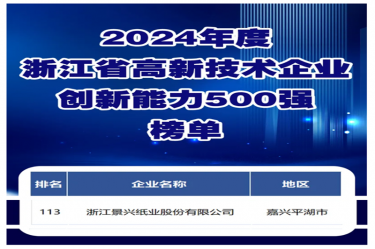 喜報！景興紙業(yè)入選浙江省高新技術(shù)企業(yè)創(chuàng)新能力500強(qiáng)榜單